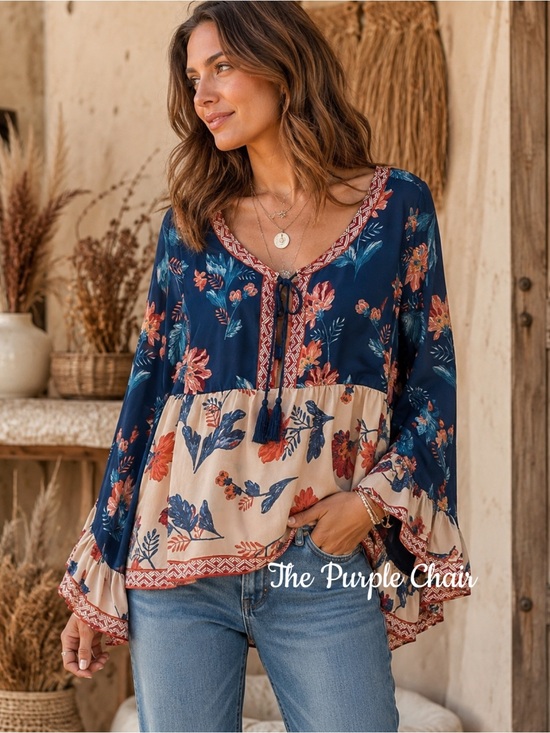 Flying Tomato Tops - •CCO SALE• FLYING TOMATO Boho Floral Print Colorblock Bell Sleeve Lace Up Top L